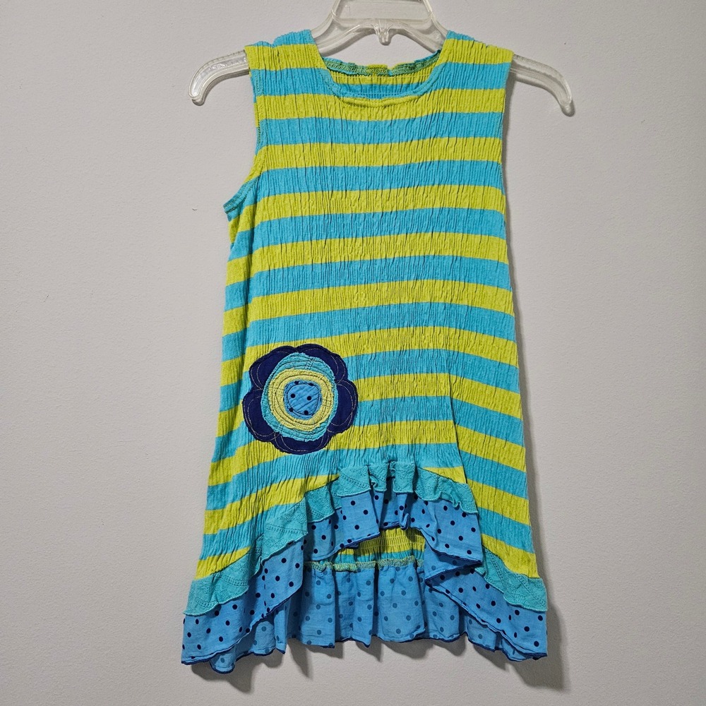 Y2K Striped Crinkle Flower Applique Ruffle Tunic Turquoise Lime Polka Dot AS IS